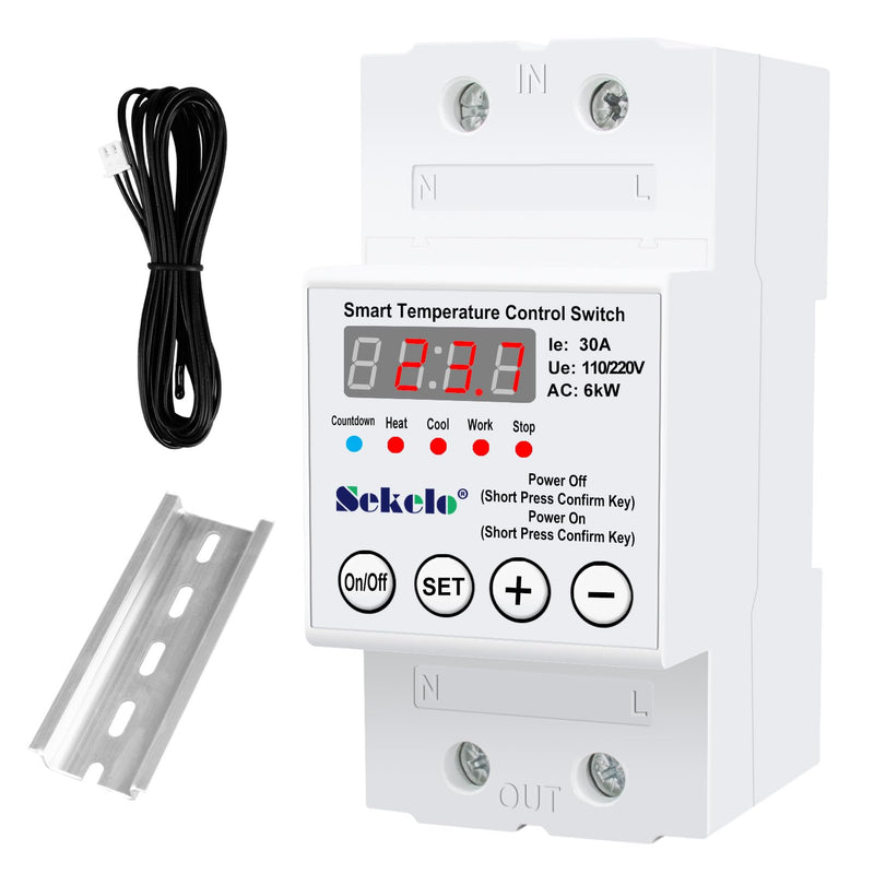 High-Power Temperature Control Switch, Rail-Mounted Digital Thermostat with Real-Time LCD Display for Heating & Cooling, 63A 110/220V, -40°C to 140°C, Ideal for Greenhouses, Aquaculture,Boilers