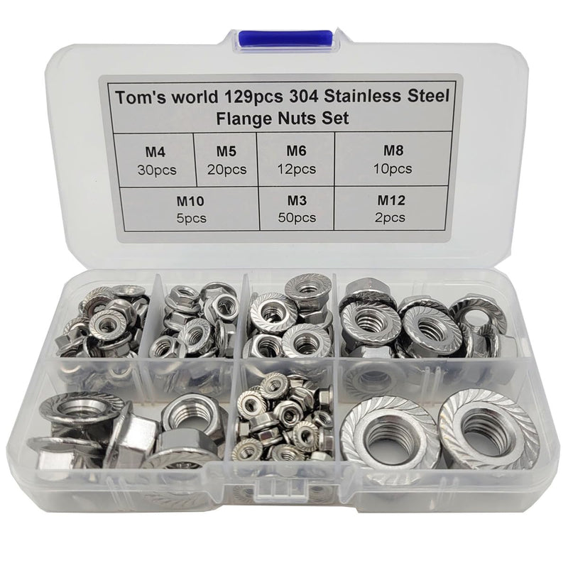 129Pcs Hex Flange Nuts Assortment Kit Stainless Steel 304(18-8) M3 M4 M5 M6 M8 M10 M12 Metric Hex Nuts - NewNest Australia