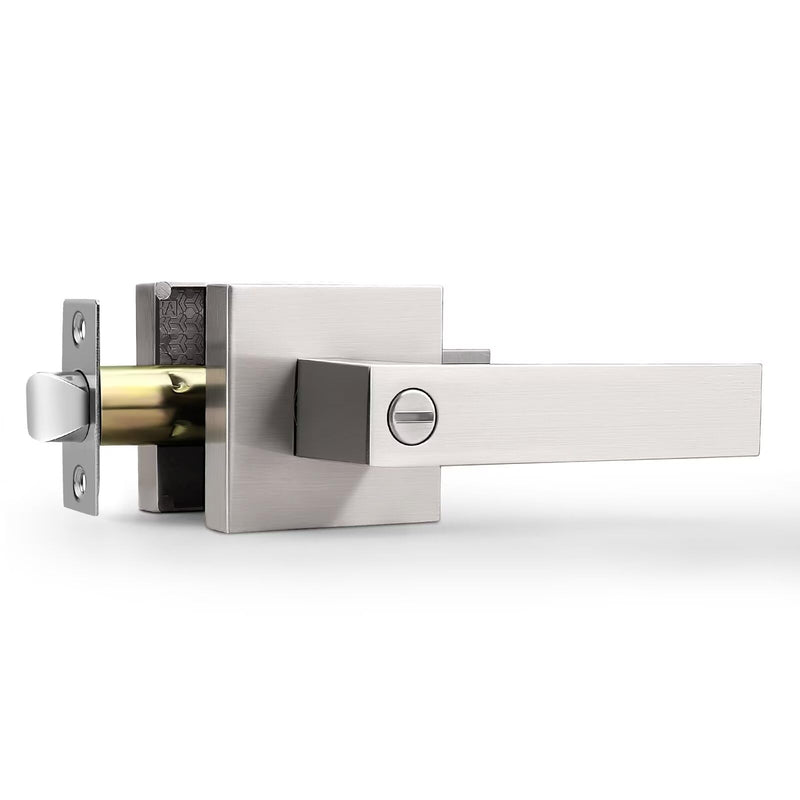Satin Nickel Lever Door Handles, Privacy Door Handle with Lock, Interior Square Door Handle for Bathroom Bedroom 1 Satin Nickel