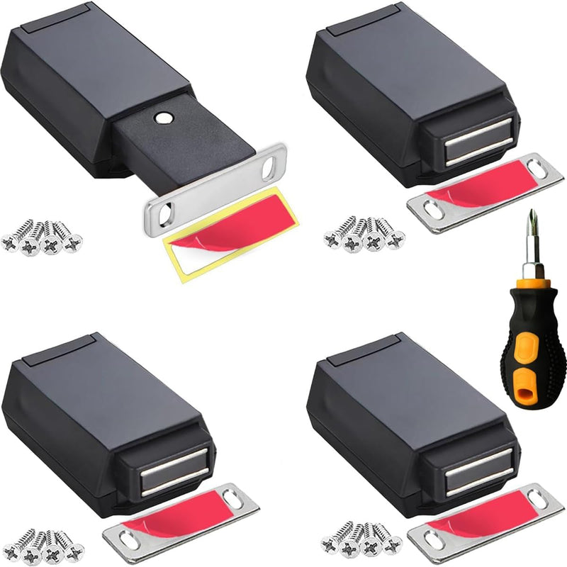 Magnetic Push to Open Cabinet Hardware CBRIVE 4Pack Heavy Duty Push Latch & Lock for Hidden Door Touch Latches and Catch Magnet Push Release Drawer Pull Tip On RV Closet Close Strong Pop Out, Black 4 Pack