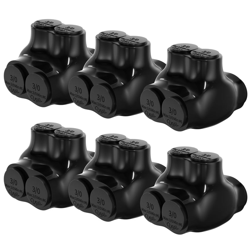 Insulated Multi Tap Connector 3/0-6 AWG 2 Port Aluminum Wire Connector Black Electrical Cable Connectors Dual Entry 7/32" Allen Hex - 6 Pack Dual Entry 2 Port 3/0-6 AWG