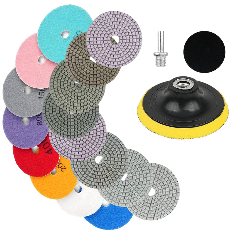 11 Packs 4 Inch Diamond Concrete Polishing Kit, 50-6000 Grit Wet/Dry Diamond Polishing Pad with Wool Disc, 5/8’’-11 Backer Pad and Drill Adapter for Granite Marble Concrete Stone Tile Polish