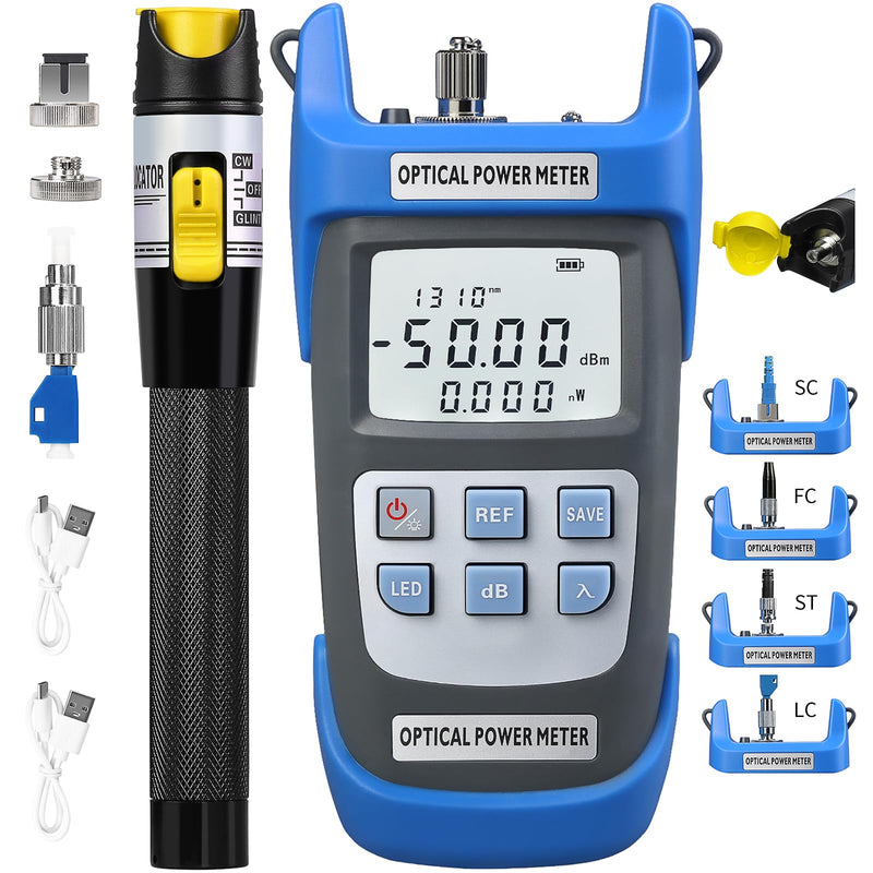 2-Piece Rechargeable high-Precision Optical Power Meter A-C510A (-50~+26dBm) Fiber Tester & Fiber Optic Test Pen 15,Suitable for SC/FC/ST/LC Interface, with 1 FC-LC Adapter
