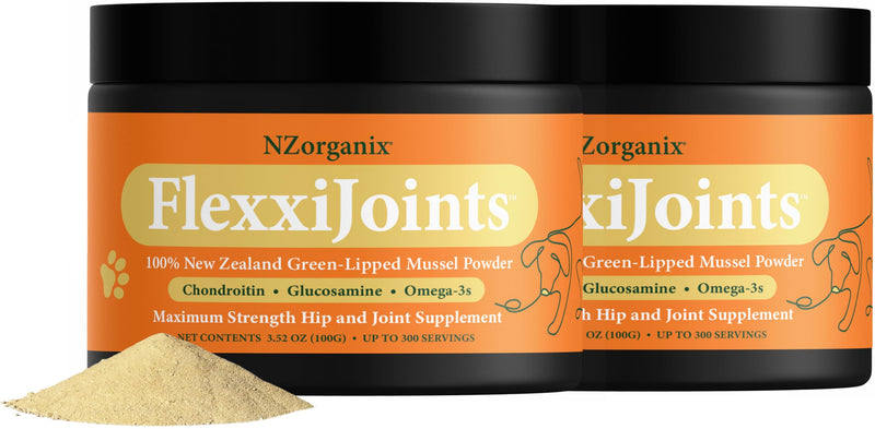 NZorganix FlexxiJoints 100% New Zealand Green-Lipped Mussel Powder, Hip & Joint Support Formula for Dogs & Cats, with Glucosamine, Chondroitin 200g (600 Servings) 2-Pack - PawsPlanet Australia