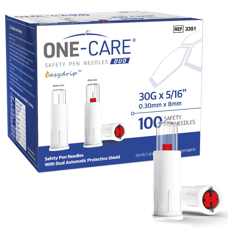 ONE-CARE Duo Safety Pen Tips 30G x 5/16'' (8mm), Dual Shield Auto Protection, Universal Fit, Sterile, 100/bx, Comfortable
