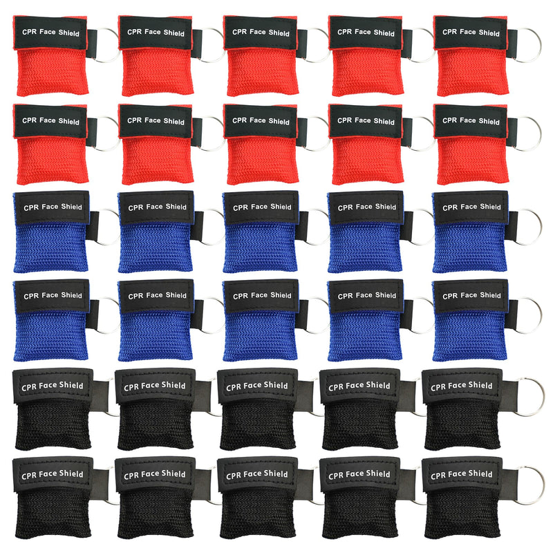 30 Counts CPR Pocket Mask Keychain, CPR Face Shield with One Way Valve Breathing Barrier for First Aid or CPR Training, AED Training(Three Colors)