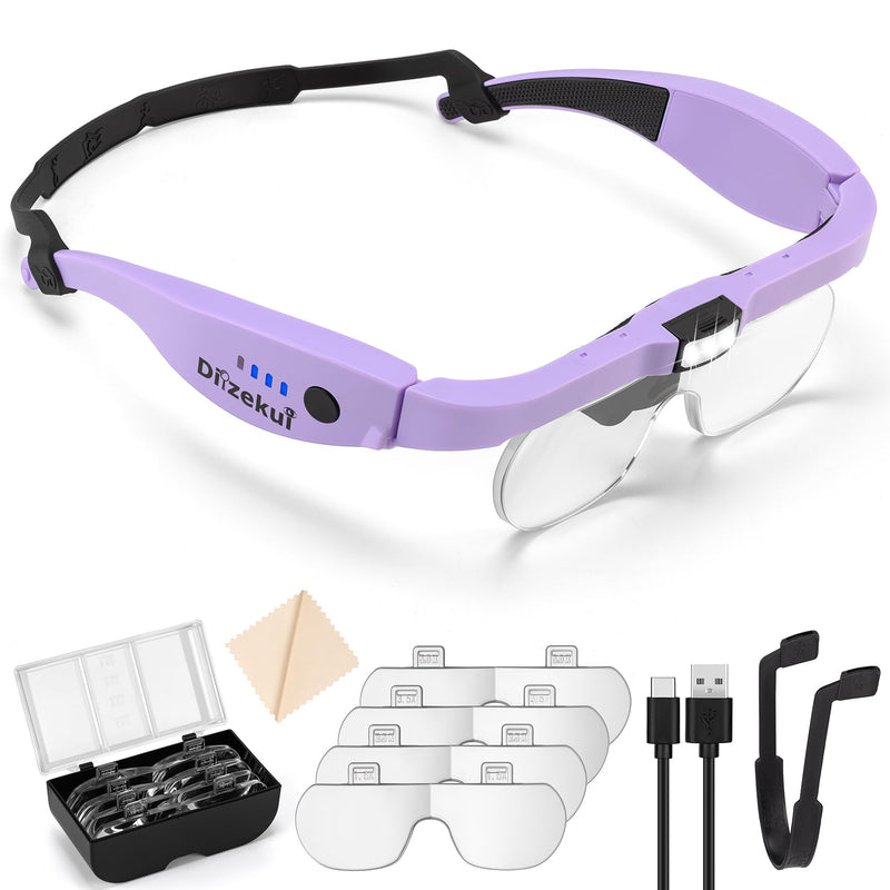 Magnifying Glass with Light 1.5X to 5.0X, Rechargeable Magnifying Glasses Head Magnifier, Lighted Magnify Glass with 4 Detachable Lenses, Magnifier Headset for Close Work Hobbies Jewelry Purple