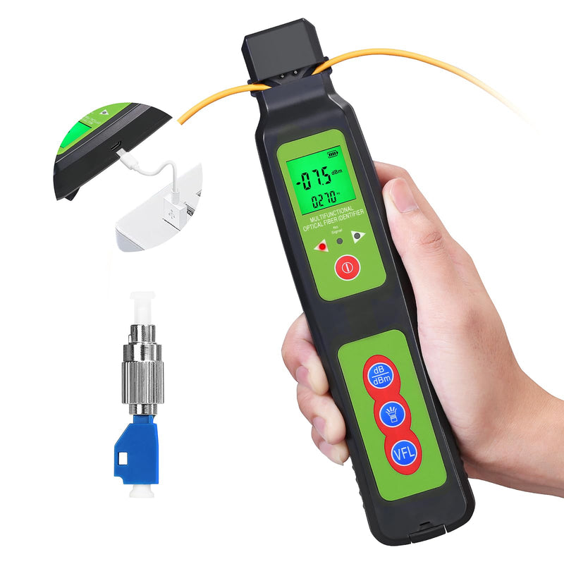 Rechargeable Live Optical Fiber Identifier A-40D, Wave Respond 800-1700nm Built in VFL &LED Functions Suitable for 0.25/0.9/2.0/3.0 Fiber with FC-LC Adapter FTTH Tool