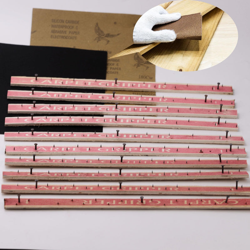 ifish 10PCS Carpet Tack Strips with Nails, with 180 Grit Sandpaper for Tufting Frame Concrete Subfloor Stairs Rug Gripper Adhesive Installation Helper 10pcs + 2pcs sandpapers