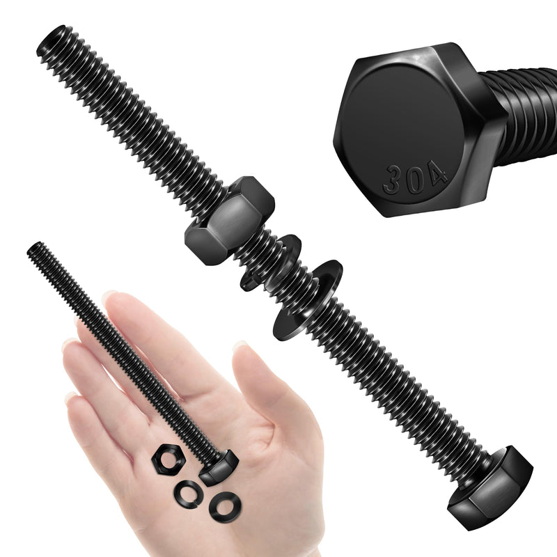 (5 Sets) 5/16-18 x 4" Hex Head Bolts and Nuts with Flat & Lock Washers, 304 Stainless Steel 18-8, Fully Threaded, Black Oxide Bolt Kit, 5/16 Bolt (Black)5/16"-18 4"