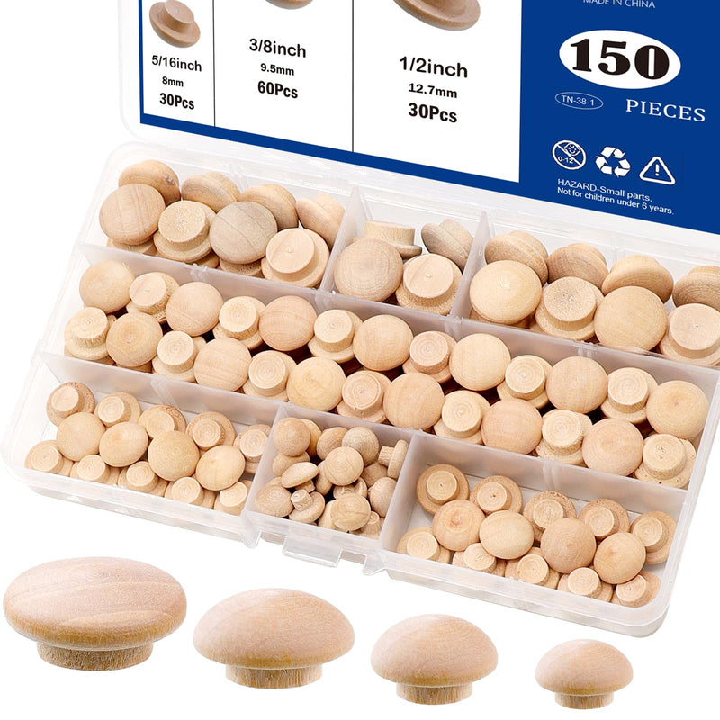 Tnisesm 150Pcs 4 Sizes Wood Plugs Wooden Hole Plugs Button Plugs Hardwood Hole Plugs for Holes in Locking Hole Tube Furniture, 3/16 Inch, 5/16 Inch, 3/8 Inch, 1/2 Inch Mushroom Head Shape 150Pcs-Mushroom shaped