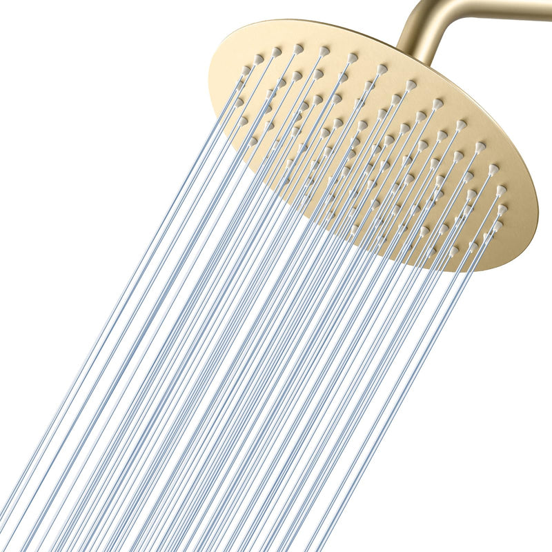 Brushed Gold Round Rainfall Shower Head, All Metal Stainless Steel Rain Shower Heads with 90 Anti-Clog Silicone Nozzles, Wall or Ceiling Mount, 8 inch Brushed Gold