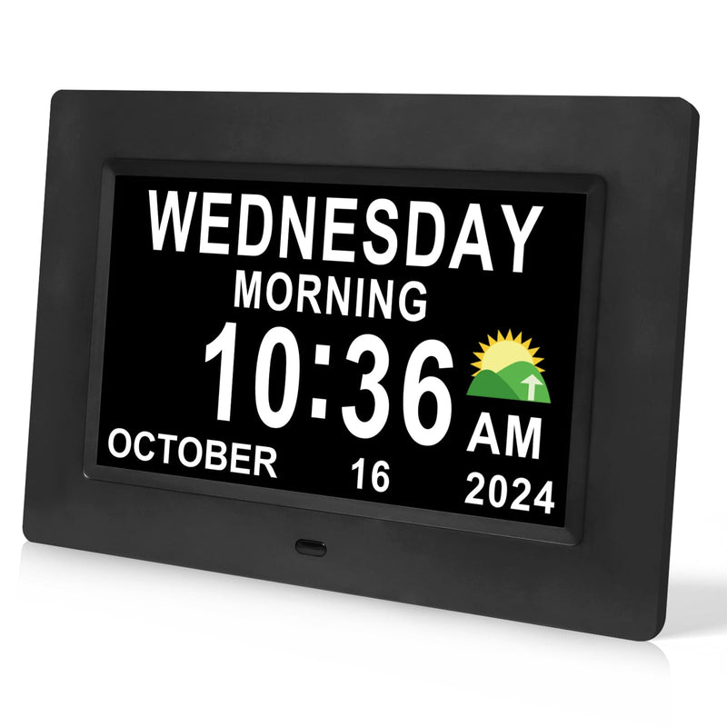 Digital Calendar Dementia Alarm Clock with Day and Date for Elderly - 15 Alarms 5 Colors Display Large Display Alzheimers Clock Large Digital Clock for Seniors (7in Black) 7''black