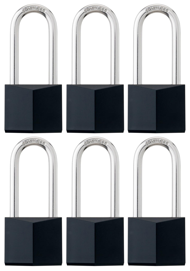 6-Pack Keyed Alike Locks, Black Covered Brass Keyed Padlock with Stainless Steel Long Shackle, 1-9/16 Inch Lock Body, Rustproof Locks for Gate Fence Hasp Cabinet Toolbox Gym or School Locker 6 Pack Long Black