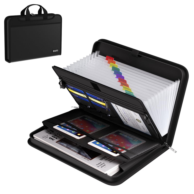 Fireproof & Waterproof Accordion File Organizer, 13-Pocket Expanding Document Organizer with Handle & Labels,Heat-Resistant fireproof file folder A4/Letter Files, Safe travel file organizer Black