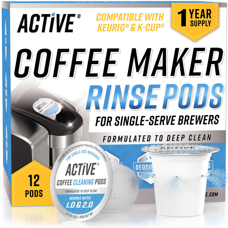ACTIVE K-Cup Compatible Keurig Cleaning Pods - Quick-Rinse Cleaners for Single Serve Coffee Machine, 12 Month Coffee Maker Cleaner Kit, Brewer Clean Cups for Keurig 1.0, 2.0, Mini Machines - 12 Pack