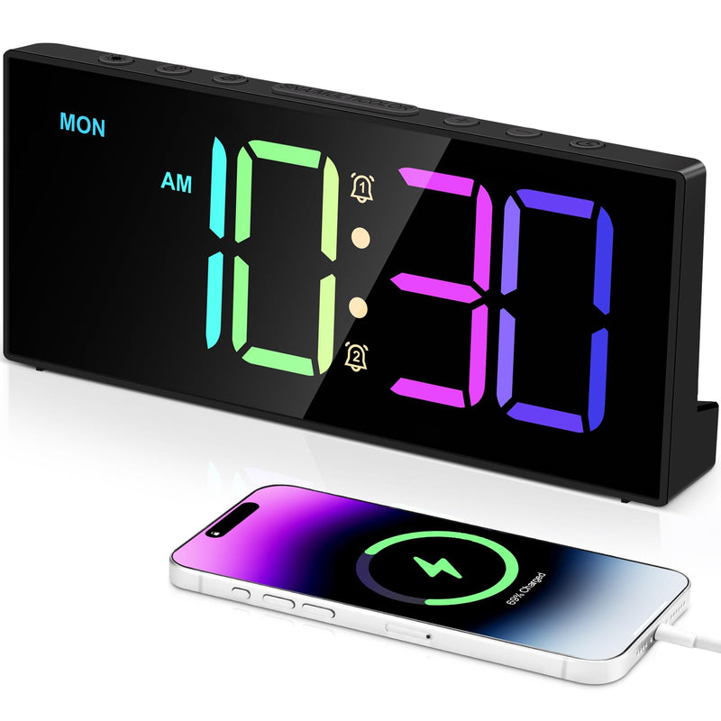 Loud Alarm Clock for Heavy Sleepers, Digital Clocks with Adjustable Volume Brightness,Snooze,Battery Backup, Large Numbers Display RGB Colorful Changing Clock for Bedrooms,Offce Living Rooms