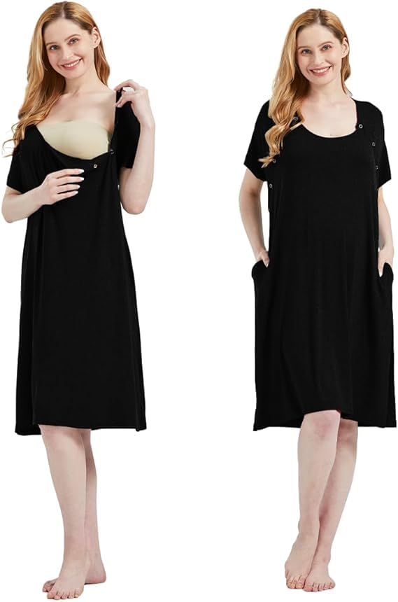 Mama & Wish Labor and Delivery Gown 3 in 1 Labor, Delivery and Nursing Gown for Hospital Made with Ultra-Soft Fabric for Ultimate Comfort! Black (Medium)