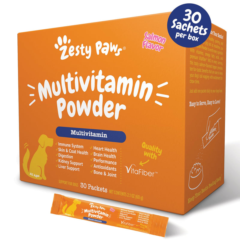 Zesty Paws 10-in-1 Multivitamin Powder for Dogs - Gut, Immune, Joint, Skin & Coat Support, and More - Dog Food Toppers with Vitamins, Omega 3 Fish Oil & Premium VitaFiber IMO - Salmon Flavor - 30 Ct - PawsPlanet Australia