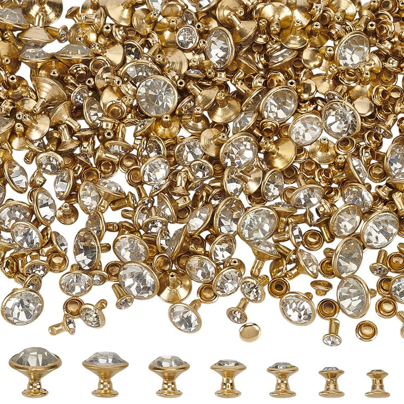 FINGERINSPIRE 280 Sets 7 Sizes Clear Rhinestone Rivets (5/6/7/8/9/10/11mm) Golden Crystal Rivets Metal Double Cap Rhinestone Stud Rivets Studs for DIY Leather Arts Crafts Clothes Decoration