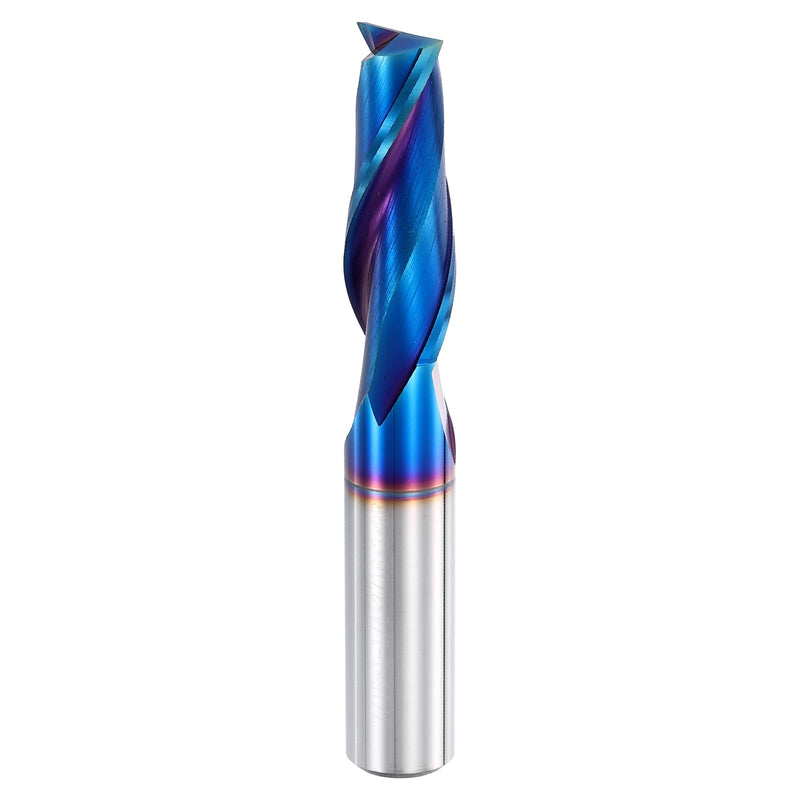 HARFINGTON Spiral Router Bit, 7/16" Cut Dia. Up Cut 2-Flute Solid Carbide End Mill with 7/16" Shank for CNC Wood Carving Engraving, 1-1/4" Cut Length, Blue Nano Coated 7/16" x 1-1/4" x 7/16" x 3"