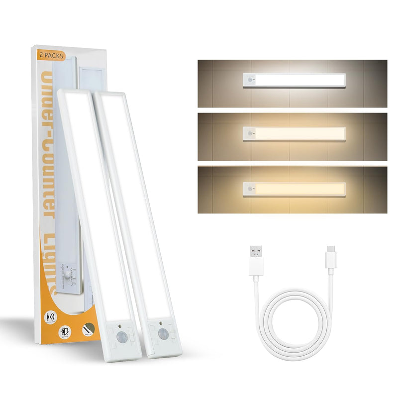 Under Cabinet Lights 2 Pack 12 inch Rechargeable Battery Operated Motion Sensor Light Indoor USB Charging Closet Lights Battery Operated with 3 Color Temps for Kitchen, Stairs, Home