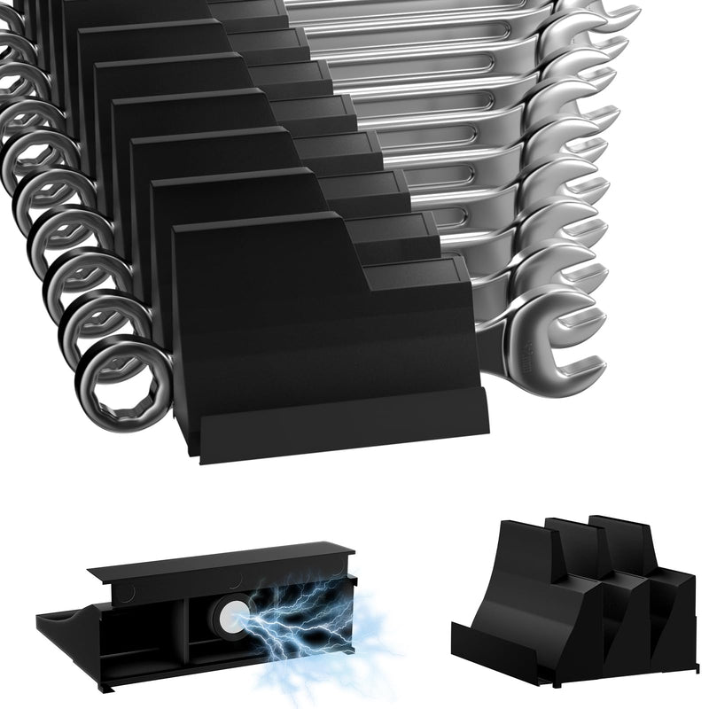 Wrench Organizer, 20PCS Wrench Organizer for Tool Box, Modular Wrench Organizer with Label, Tool Box Organizer, Magnetic Wrench Organizer for Tool Box Drawer, (Black with Box)