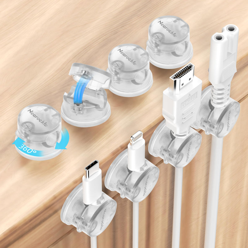 8 Pack Magnetic Cord Organizer [Locking Cable Rotatable] Cable Clips, Nearockle Upgraded Strong Magnetic Cord Holder, Adhesive Wire Keeper Cable Management for Desk,Car,Nightstand,Office,Home(Clear) 8Pack Transparent