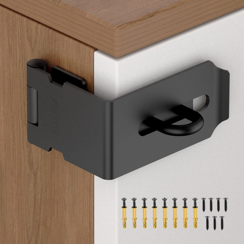 90 Degree Hasp Latch, Heavy Duty 304 Stainless Steel Padlock Hasp Lock for Padlock with Screws, Right Angle File Cabinet Latch Lock for Desk Drawer, Tool Box, Mailbox, Bookcase (Black-1pc) Black-1pc