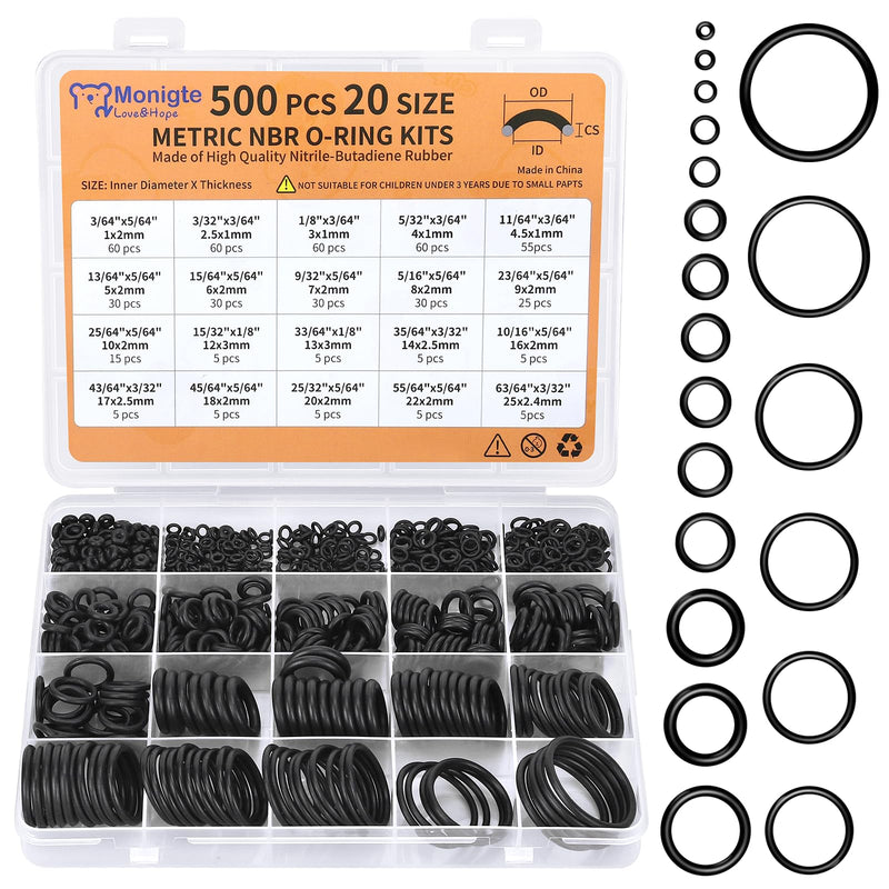 500 Pcs 20 Sizes O Ring Kit,Rubber O-Ring Assortment Kit, Rubber Washers Pressure Washer Gasket Rings Set for Plumbing Various Car Auto Vehicle Repair, Air or Gas Sealing Connections Resist