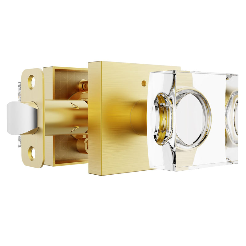 Brushed Gold Door Knob Privacy Crystal Glass Interior Lock, Satin Brass Modern Square Bedroom Bathroom Lockable Door Handle 1 Pack Privacy