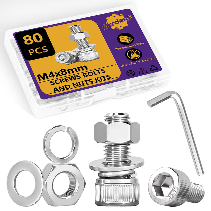 80PCS M4 Metric Screws Bolts and Nuts Assortment Kit, M4 x 8mm Metric Kits, 304 Stainless Steel Hex Socket Head Cap Screws with Lock & Flat Washers with 1 Allen Wrench for 3D Printing Projects M4x8mm（80PCS)