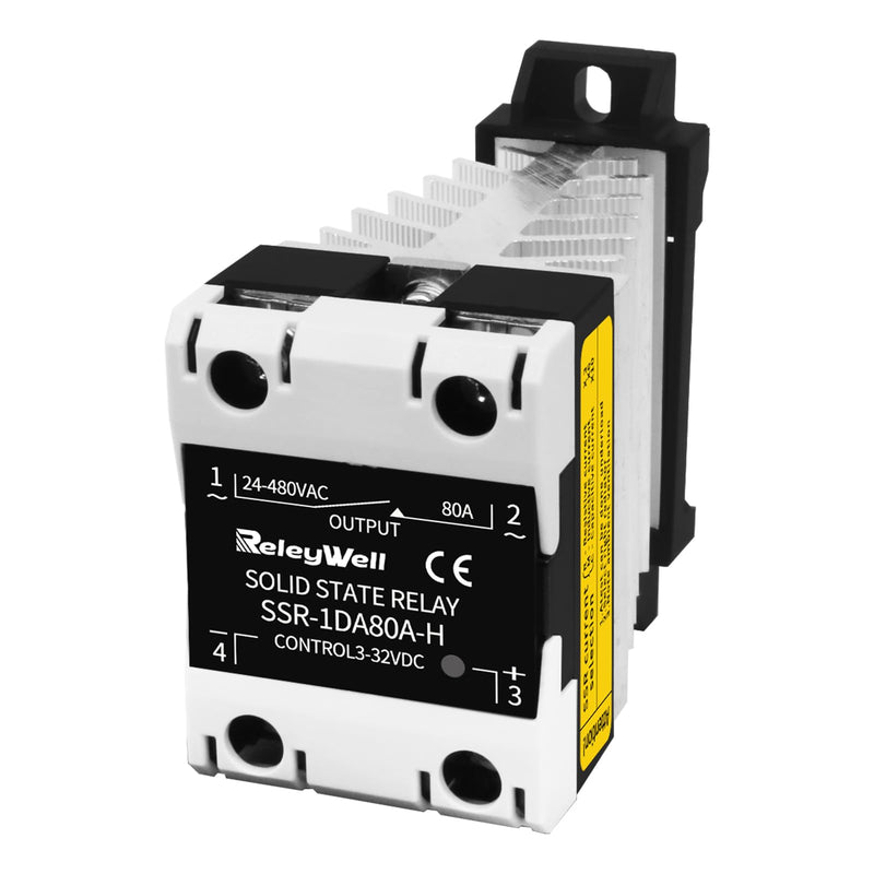 Solid State Relay, 80A DIN Rail SSR Relay with Radiator, DC to AC, 24vac Relay, relays (Input 3-32VDC Output 24-480VAC) 80DA