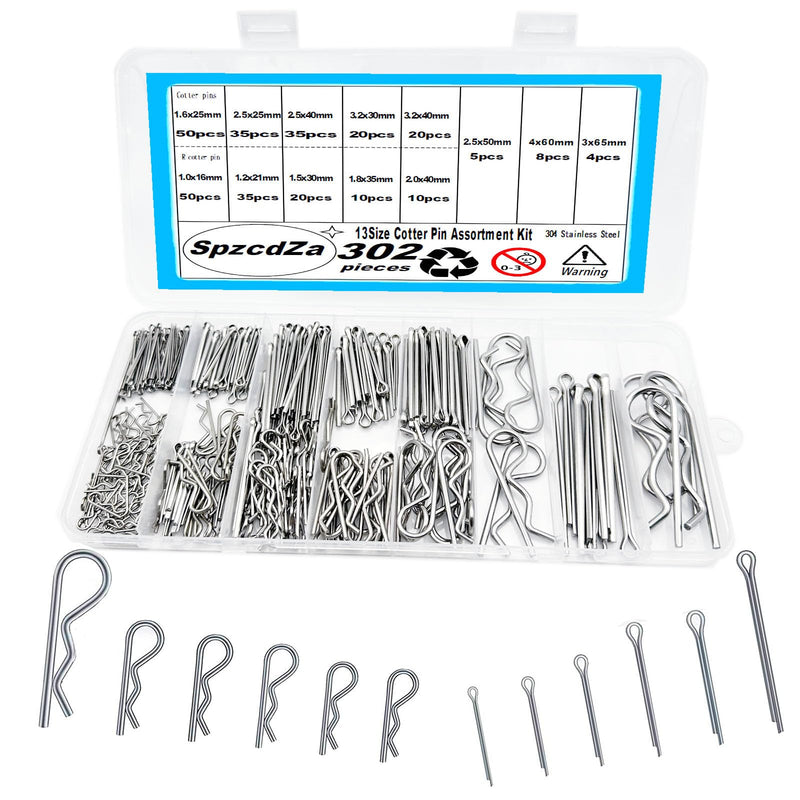 Cotter Pin Assortment Kit,SpzcdZa 302pcs 13 Size Cotter Pins Assortment Kit 304 Stainless Steel R Clips Hardware Pins & Hairpin Cotter Pins Set for Trucks, Engine Repair 302pcs Cotter Pin Assortment Kit