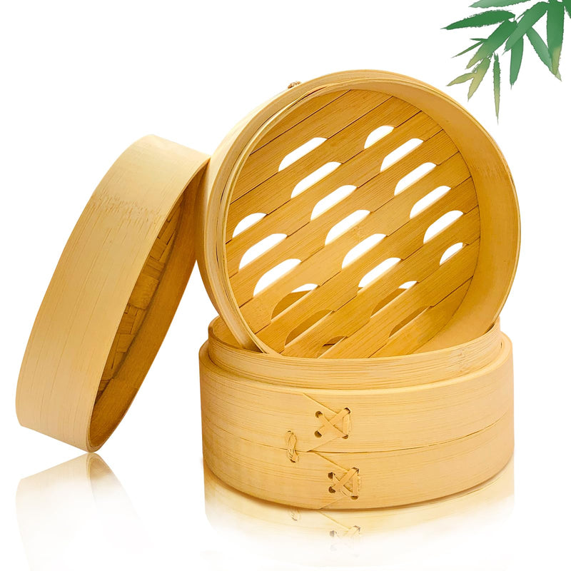 Small Bamboo Steamer for Steamed Buns, Bamboo Steamer 6 inch to 8 inch，2-Tier Bamboo Steamer Basket, Used for Steaming Buns, Rice, Dumplings, Vegetable Steamer Basket (Natural Bamboo) (7" Bamboo Steamer) 7" Bamboo Steamer