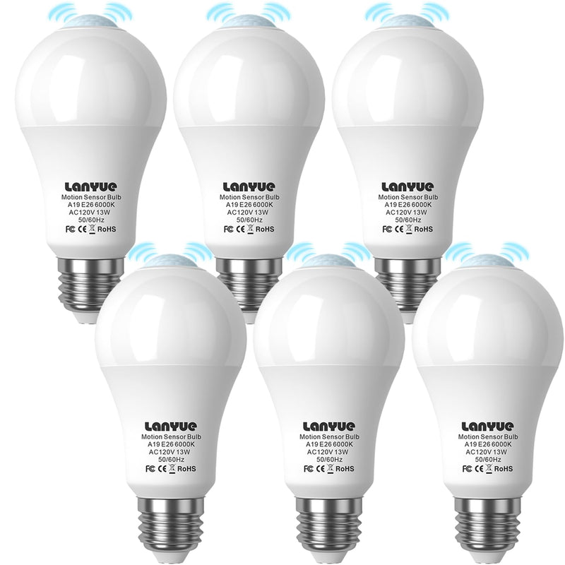 Motion Sensor Light Bulb,Activated Detector Light Bulb Indoor,Dusk to Dawn Security Bulb,13W Equivalent 100W,E26 Base 6000K Daylight,6 Packs LY-A19H001