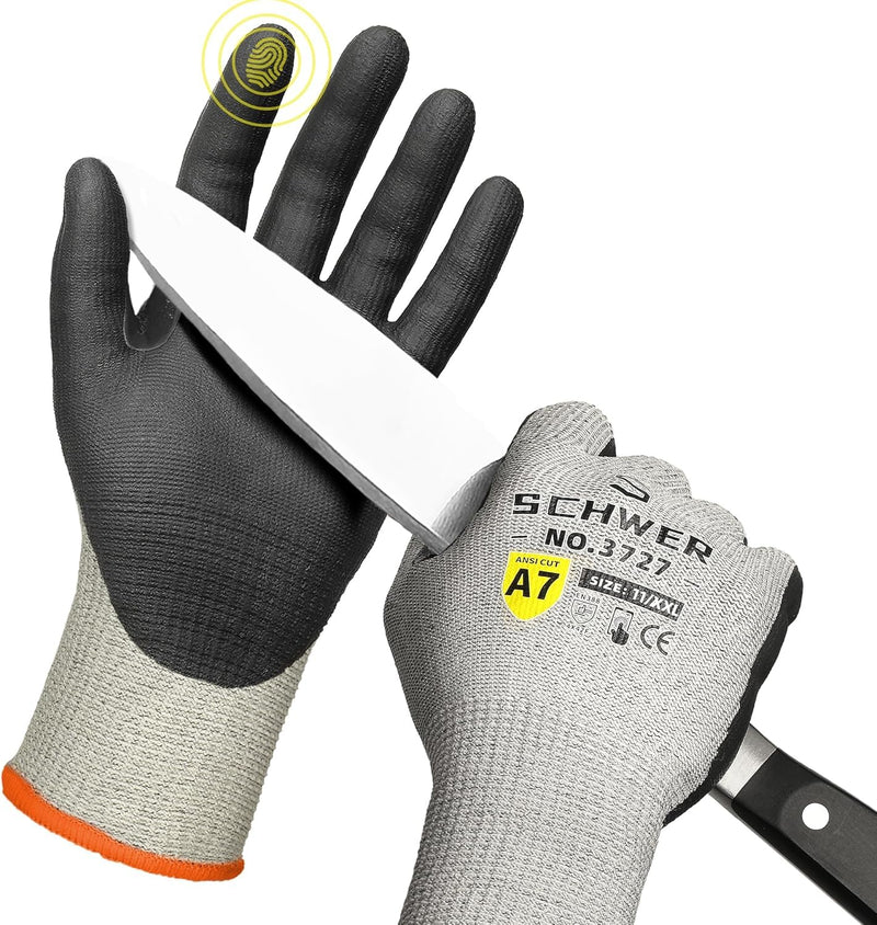 3 Pairs High Level Cut Resistant Work Gloves for High Risk Work, ANSI A7 Cutting Gloves with Reinforced Thumb, Used for WoodWorking, Construction, Non Slip, Durable, Breathable & Cool, XXL, PR3727 3 Pairs XX-Large Grey