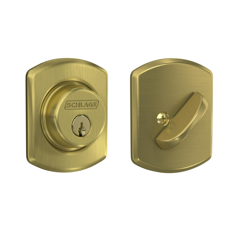 Schlage B60 N GRW 608 Deadbolt with Greenwich Trim, Keyed 1 Side, Highest Residential Security, Satin Brass