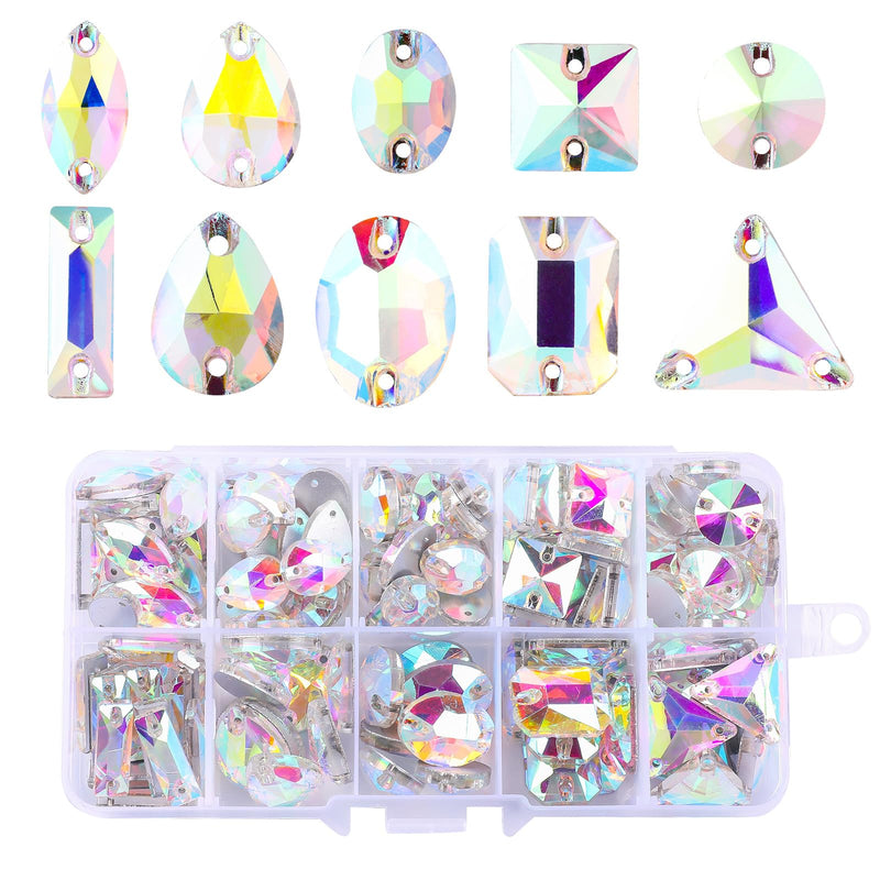 SWTHONY 122pcs AB Sew on Rhinestones for Crafting Mixed Shapes, Large Crystal Glass Gems Silver Plated Flatback Rhinestones Jewels for Crafts Clothes Fabric AB Coated