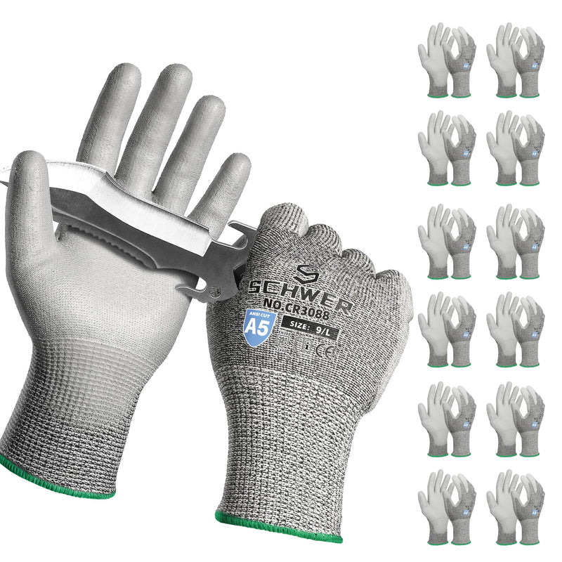 Schwer 12 Pairs ANSI A5 Cut Resistant Work Gloves, Cut Proof Gloves with PU Coating, Used for Metal Fabrication, WoodWorking, Construction, Non Slip, Durable, L, CR3088 Large