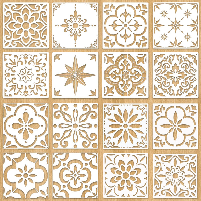 16 Pieces Reusable Tile Stencils 8x8 Inches Floor Stencils Wall Stencils Mexican Talavera Stencils Spanish Stencils Mandala Stencils for Painting on Floors, Tile, Concrete Patio, Wall, Furniture