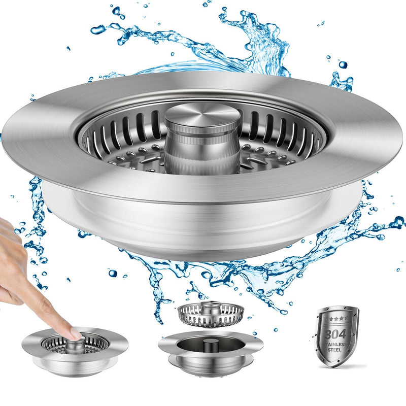 3 in1 Kitchen Sink Drain Strainer, 10,000 Press Test 304 Stainless Steel Pop-up Sink Stopper, 3 in 1 Fast Drain Deodorizing Anti-Clog Strainer for RV Kitchen Standard 3-1/2 in Bathroom Sink Plug
