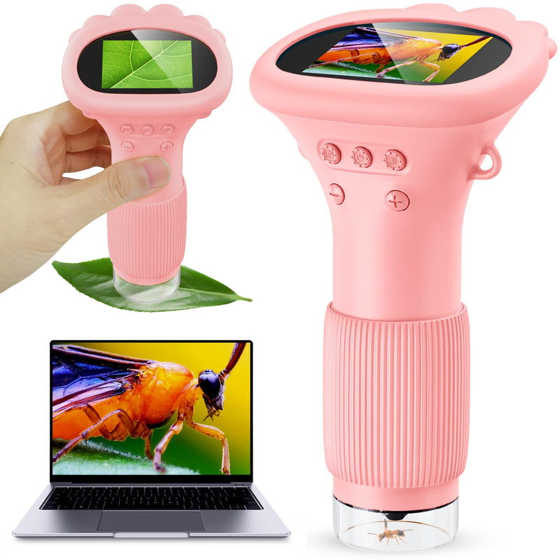 Kids Magnifying Glass, 2.0 Inch Digital Screen Mini Pocket Microscope for Bug - 200x Zoom Handheld Microscope with Adjustable Lights, Edu Birthday Gifts for Age 3-12 Girls Pink