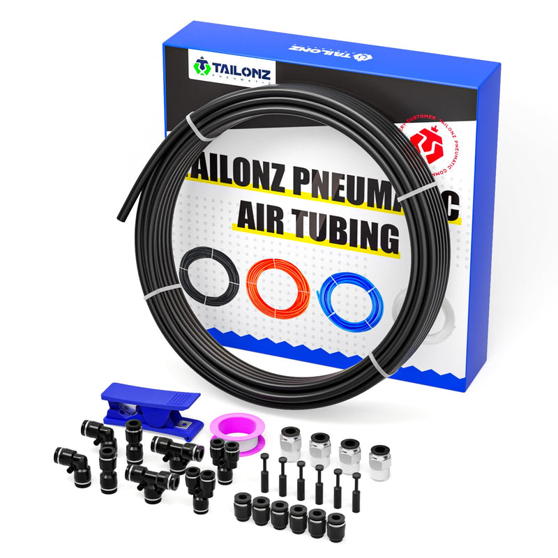 TAILONZ PNEUMATIC Black 1/4 Inch OD 10 Meter 32.8ft PU Polyurethane Air Tubing Kit Pipe Hose Air Line Tubing Air Hose Fittings Push to Connect Fittings(27PCS) 1/4" OD