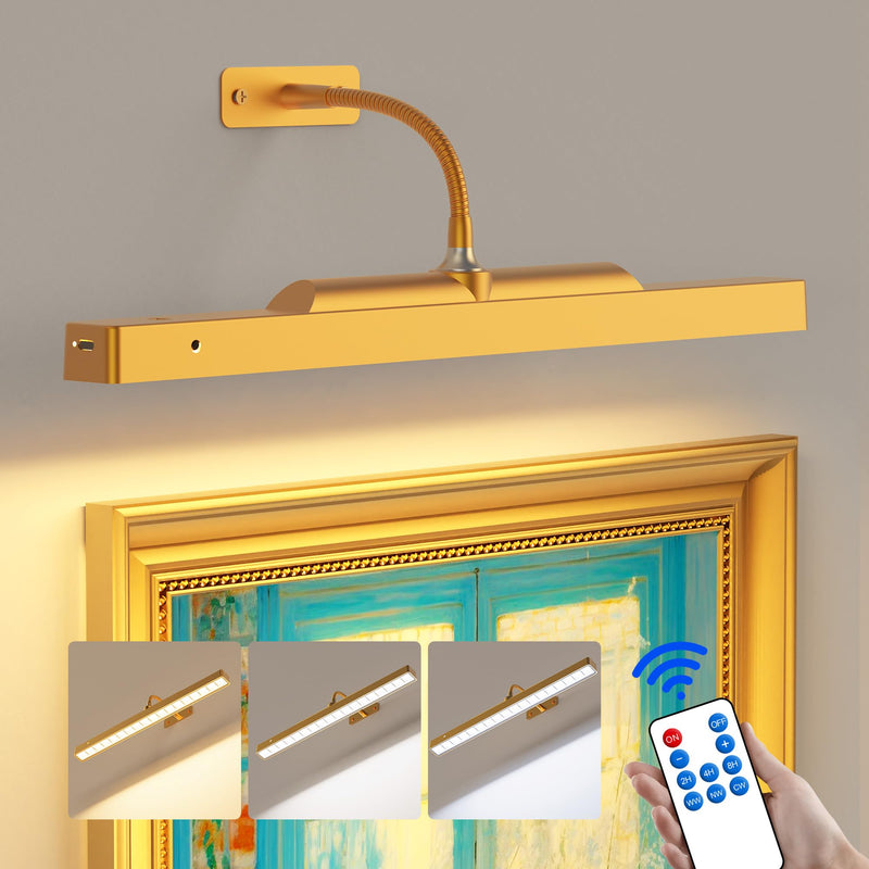 Picture Light Gold, 16in Battery Operated Picture Lights for Paintings,Remote Control Display Art Light with Timer and Dimmable for Wall Painting,Frame, Portrait, Photo,Dartboard 1 Pack