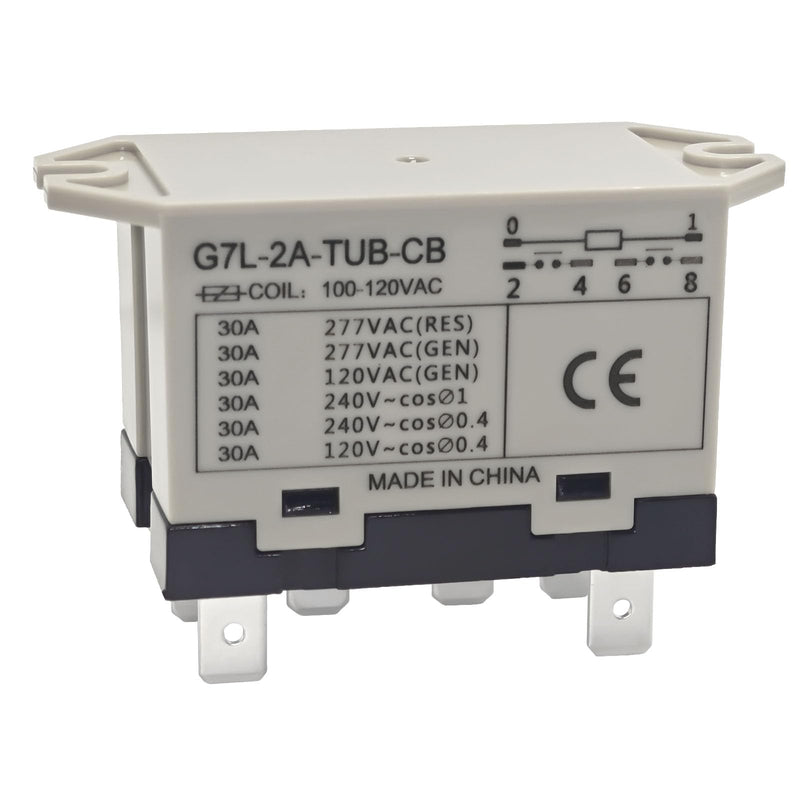 G7L-2A-TUB-CB 100-120VAC Power Relay - 30A 277VAC 6 Pins, DPST Normally Open Contacts, Class B Insulation, QuickConnect Terminal, Upper Bracket Mounting