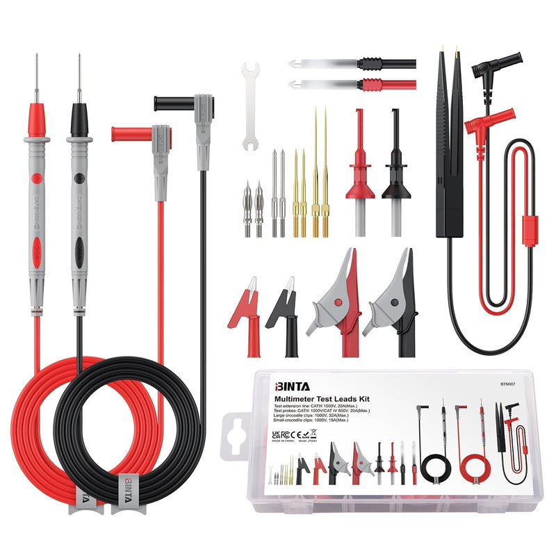 BINTA 25-Piece Silicone Multimeter Leads Kit CAT Ⅲ 1000V 20A with Replaceable Test Probes 4PCS Large/Medium Alligator Clips Tweezer, Professional Leads Kit for Industrial Car Home Electrical Testing 25PCS