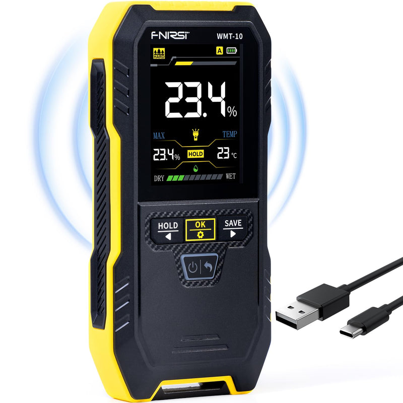 FNIRSI WMT-10 Rechargable Wood Moisture Meter, Pinless Moisture Meter for Wood, Firewood, Wall, Support Data Hold and Record, Flashlight, Humidity Detector for Lumber Concrete Building