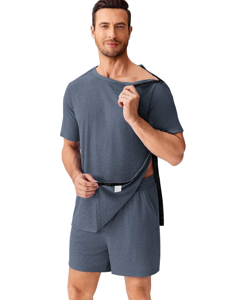 Deyeek 2pcs Set Shoulder Surgery Shirts for Men Full Open Side Snap Hospital Gowns Adaptive Post Shoulder Shirts w/Shorts Navy Blue 3X-Large
