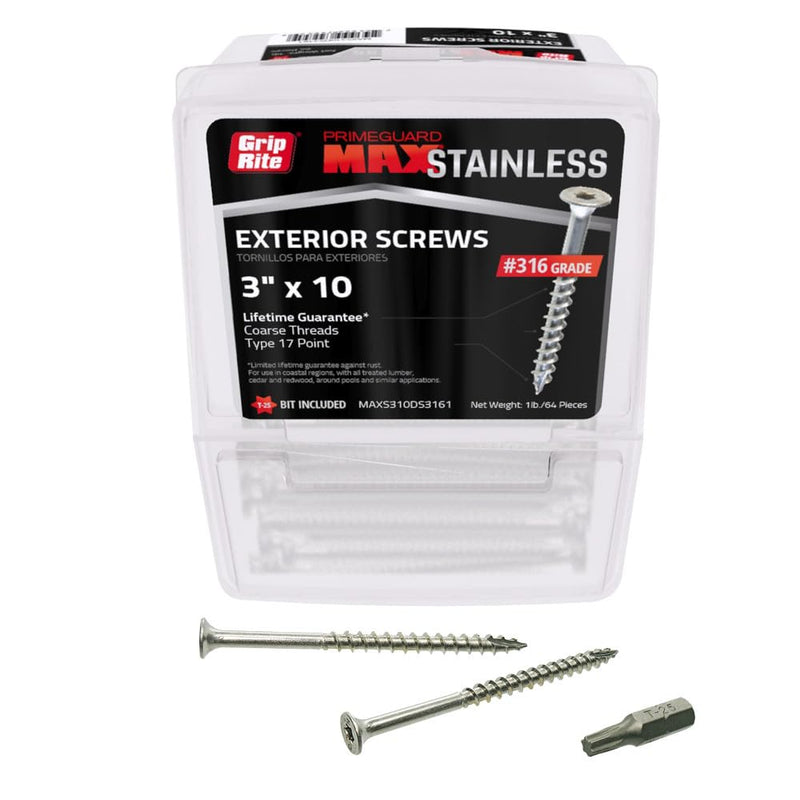 Grip-Rite PrimeGuard Max Deck Screws for Outdoor Projects - Bugle Head - Coarse Thread Wood Screws - T25 Star Drive - 316 Stainless Steel - #10 x 3-5 Lb Box - MAXS310DS3165 #10 x 3" 1lb Box